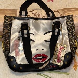 Betsey Johnson Ivory Satin Face-Print Satchel with Leopard Trim